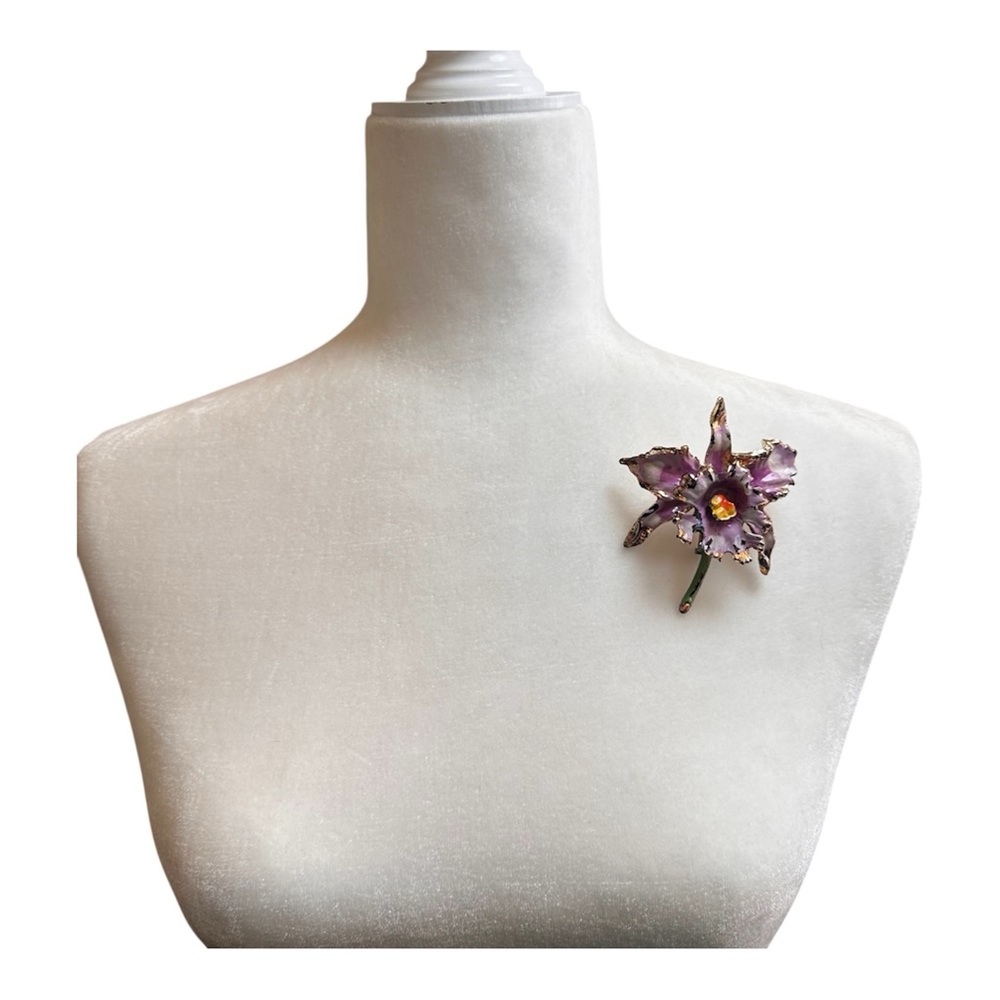 Vintage Hand Painted Orchid Flower Gold Tone Metal and Enamel Brooch